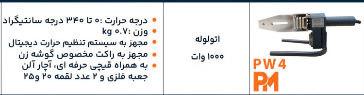 اتو لوله ۱۰۰۰ وات پی ام گوشه زن با لوازم مدل PW4