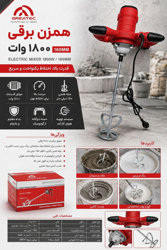همزن برقی دو دسته ۱۸۰۰ وات گریت مدل MIXER1800W