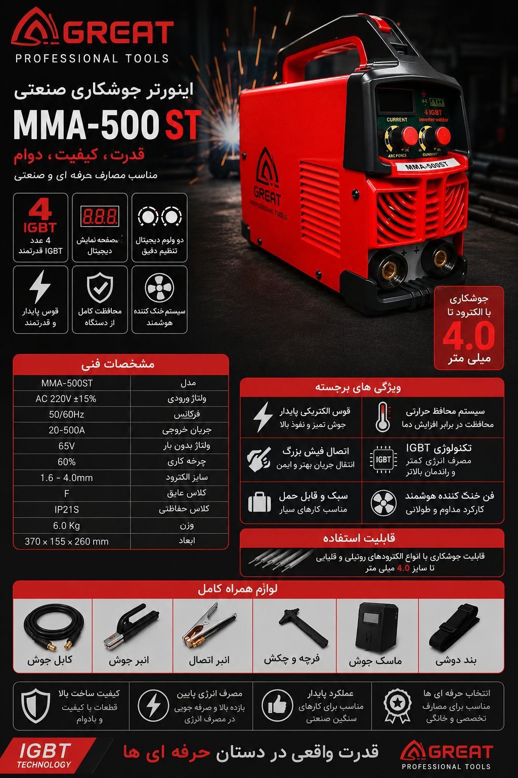 اینورتر جوشکاری ۵۰۰ آمپر دیجیتال فیش بزرگ گریت مدل MMA-500ST