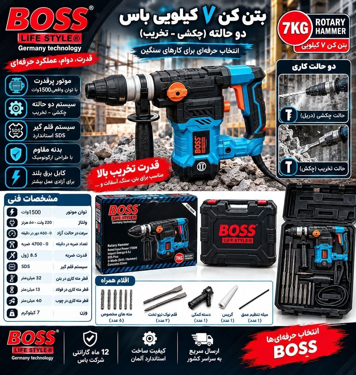 دریل بتن کن 7 کیلویی 4 شیار جدید باس مدل ZENIT