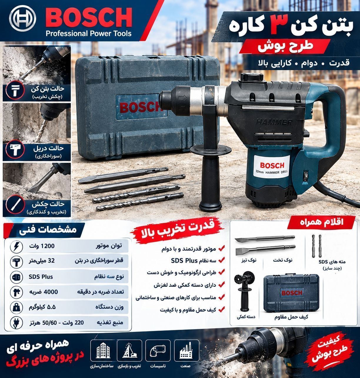 دریل بتن کن ۳ کاره ۷ کیلویی ۱۲۰۰ وات دیمردار طرح بوش مدل 001